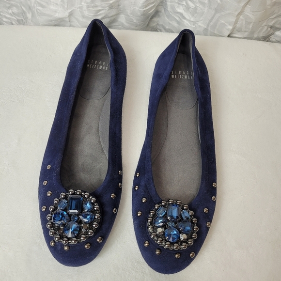 Stuart Weitzman Suede Flats navy jeweled size 10 N - Picture 3 of 11